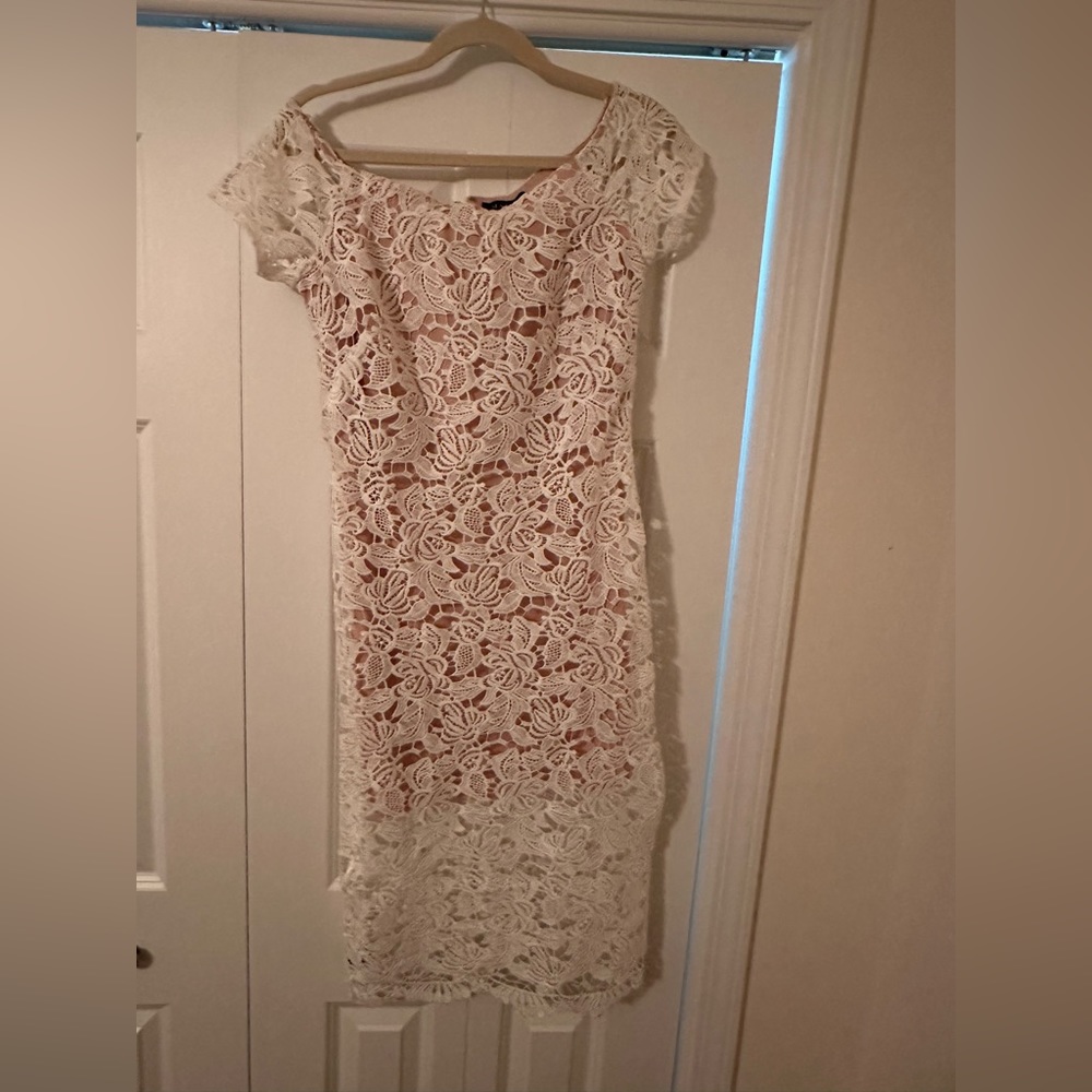 Lace white midi off the shoulder dress